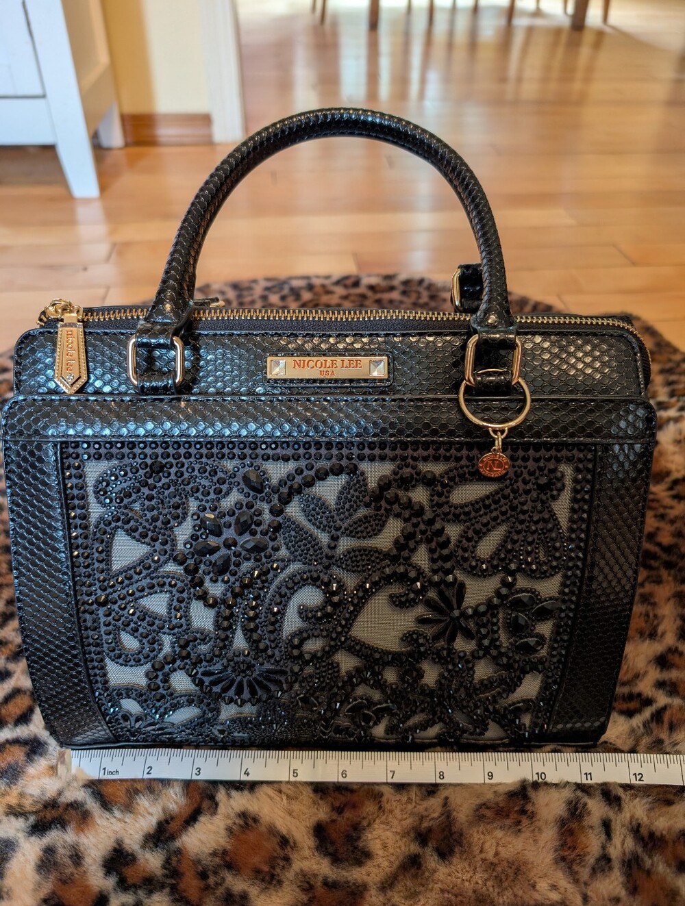 Nicole Lee Black Beaded Floral Satchel